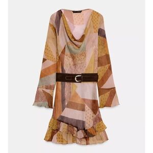 ZARA PATCHWORK PRINT BELTED MINI DRESS